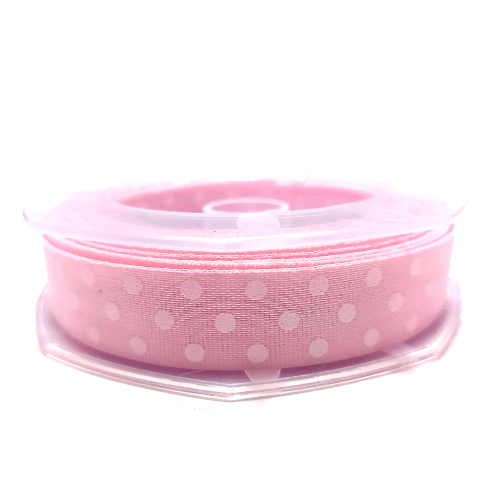 Pink Cotton Ribbon with White Dots - Size 15 mm